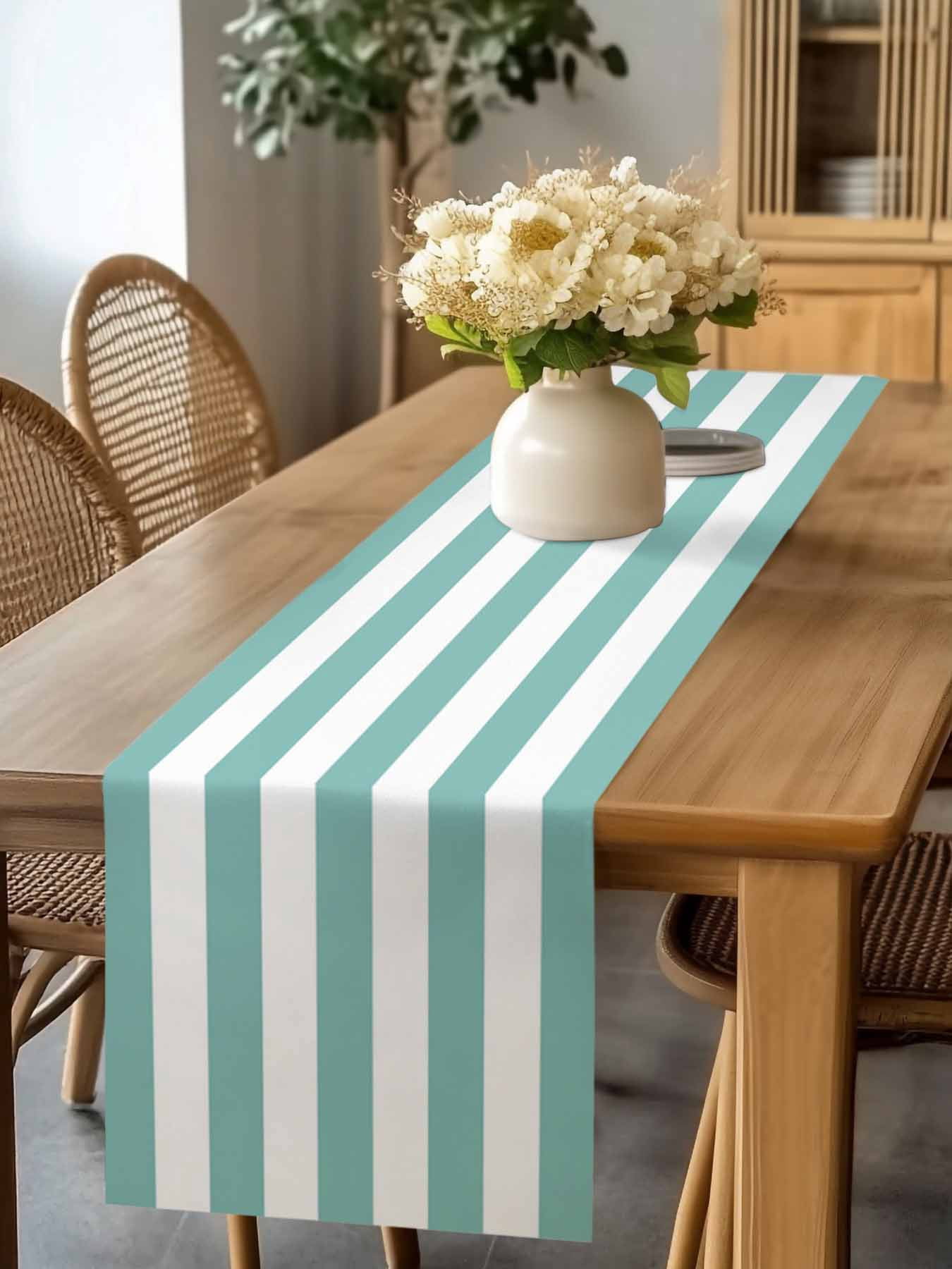 Burlap Table Runner 90 Inches Long, Teal White Striped Non-Slip Kitchen ...