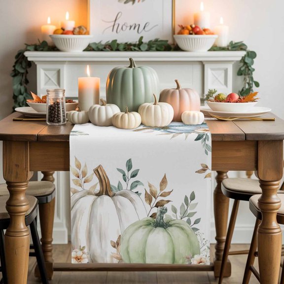 Burlap Table Runner 90 Inches Long,Thanksgiving Pumpkin Green Eucalyptus Leaf Non-Slip Kitchen Table Runners for Dining Room Everyday Use Party Table Decorations Flower on White
