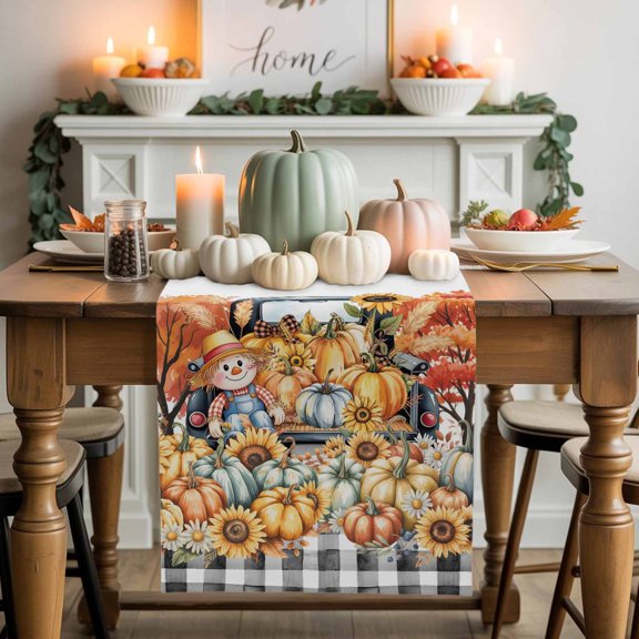 Burlap Table Runner 90 Inches Long,Thanksgiving Pumpkin Sunflower Farm Truck Non-Slip Kitchen Table Runners for Dining Room Everyday Use Party Table Decorations Orange Maple Tree