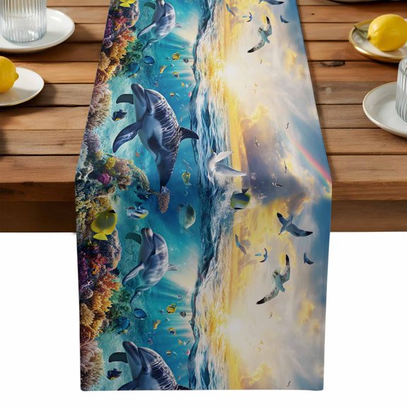 Burlap Table Runner 90 Inches Long, Underwater World Dolphins Seagulls Non-Slip Kitchen Table Runners for Dining Room Everyday Use Party Table Decorations Tropical Ocean Marine Life