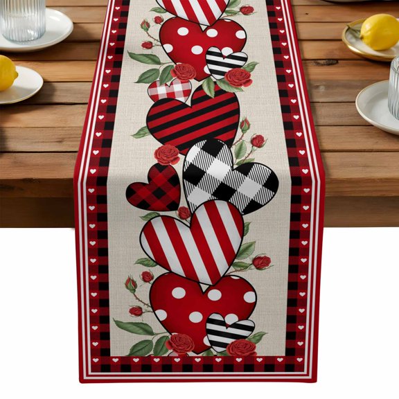 Burlap Table Runner 90 Inches Long, Valentine's Day Love Rose Flower Non-Slip Kitchen Table Runners for Dining Room Everyday Use Party Table Decorations Red Plaid Retro Linen