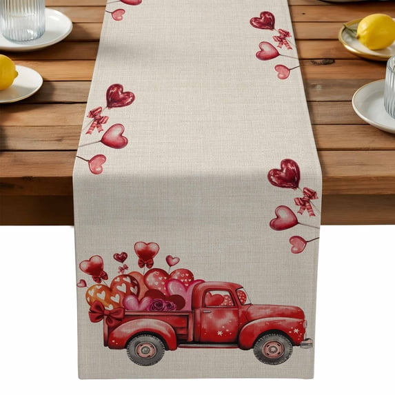 Burlap Table Runner 90 Inches Long, Valentines Day Red Truck Non-Slip Kitchen Table Runners for Dining Room Everyday Use Party Table Decorations Love Balloon on Linen