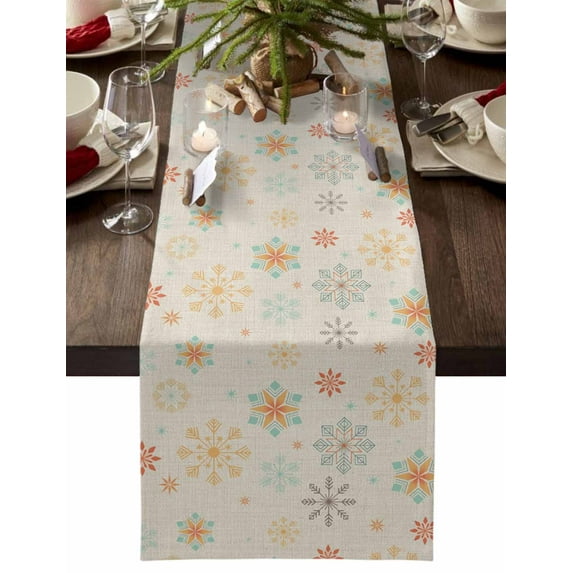 Burlap Table Runner 90 Inches Long,Vintage Christmas Snowflakes Non-Slip Kitchen Table Runners for Dining Room Everyday Use Party Table Decorations Geometric Pattern on Linen