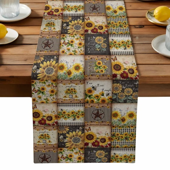 Burlap Table Runner 90 Inches Long,Vintage Country Pastoral Sunflower Plaid Non-Slip Kitchen Table Runners for Dining Room Everyday Use Party Table Decorations Yellow Brown