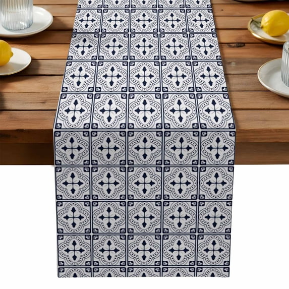 Burlap Table Runner 90 Inches Long, Vintage Geometric Art Stripe Lattice Non-Slip Kitchen Table Runners for Dining Room Everyday Use Party Table Decorations Abstract Flower Tile Texture