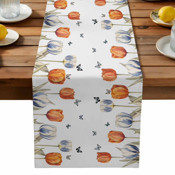 Burlap Table Runner 90 Inches Long, Vintage Orange Blue Tulip Flower Non-Slip Kitchen Table Runners for Dining Room Everyday Use Party Table Decorations Spring Summer Butterfly
