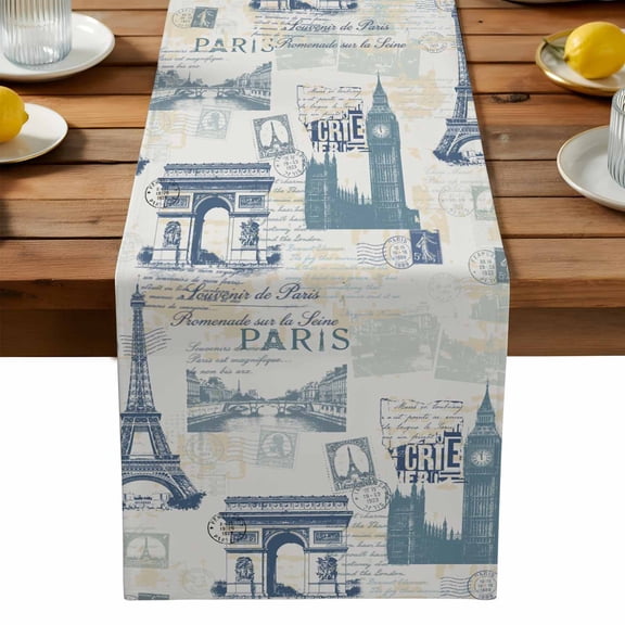 Burlap Table Runner 90 Inches Long, Vintage Paris Architectural Blue Non-Slip Kitchen Table Runners for Dining Room Everyday Use Party Table Decorations Modern Abstract Art