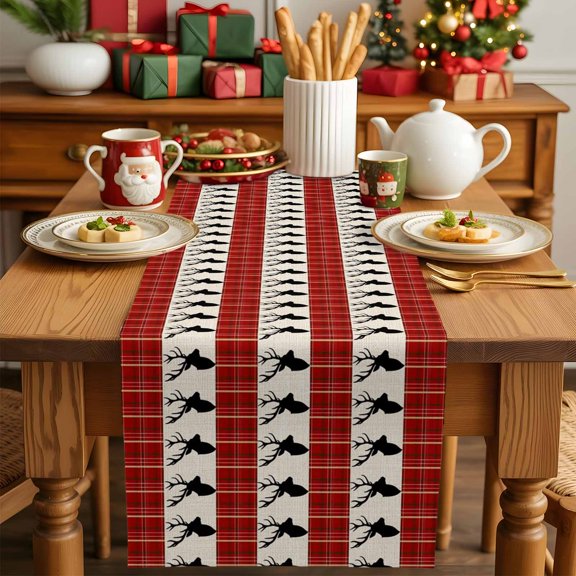 Burlap Table Runner 90 Inches Long,Vintage Reindeer on Linen Non-Slip Kitchen Table Runners for Dining Room Everyday Use Party Table Decorations Red Geometric Plaid