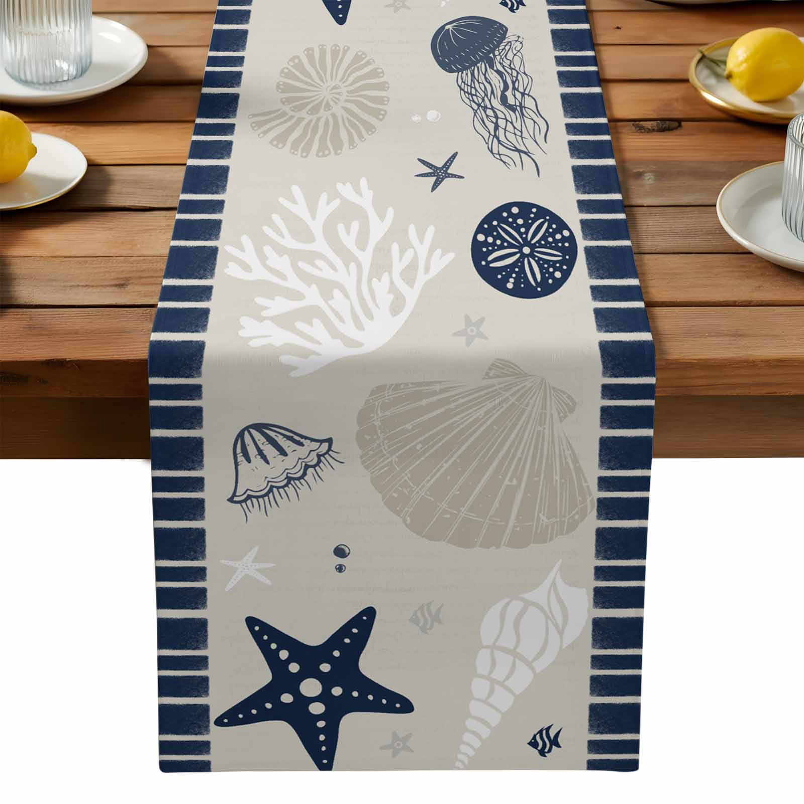 Shell Table Runner Burlap Table Runner 90 Inches Long,Vintage Sea Shells Corals on Linen ...