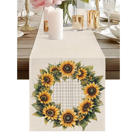 Burlap Table Runner 90 Inches Long, Vintage Watercolor Sunflower Plaid Non-Slip Kitchen Table Runners for Dining Room Everyday Use Party Table Decorations Floral Leaves on Linen