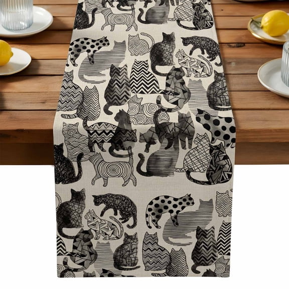 Burlap Table Runner 90 Inches Long,Vintage Wave Points Stripes Cats on Linen Non-Slip Kitchen Table Runners for Dining Room Everyday Use Party Table Decorations Geometric Texture