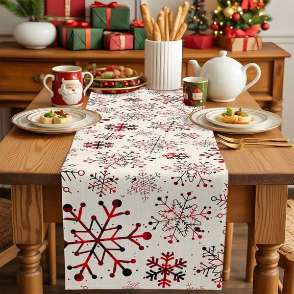 Burlap Table Runner 90 Inches Long,Vintage Winter Snowflakes Non-Slip Kitchen Table Runners for Dining Room Everyday Use Party Table Decorations Geometric Art on Linen