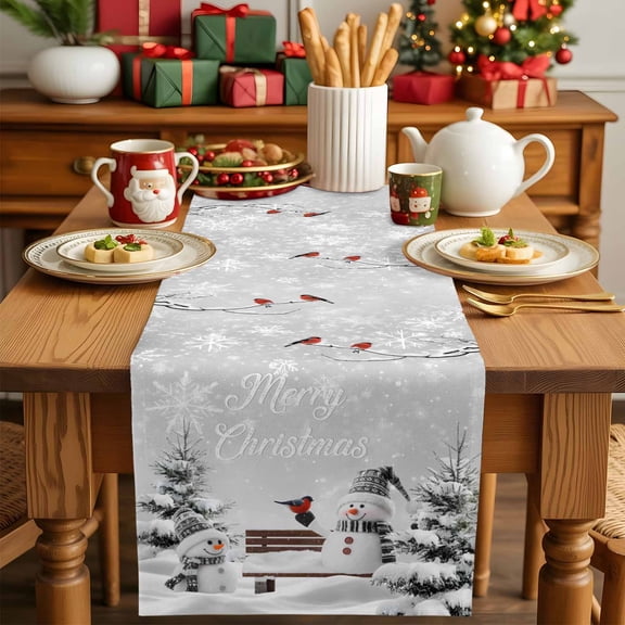 Burlap Table Runner 90 Inches Long,Vintage Winter Snowman Bird Non-Slip Kitchen Table Runners for Dining Room Everyday Use Party Table Decorations Christmas Tree