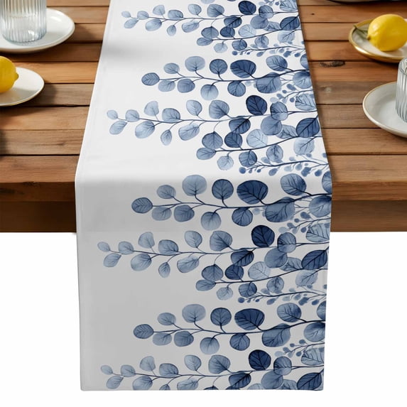Burlap Table Runner 90 Inches Long, Watercolor Blue Eucalyptus Leaf Non-Slip Kitchen Table Runners for Dining Room Everyday Use Party Table Decorations Country Leaves
