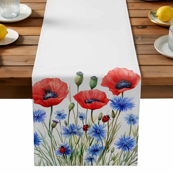 Burlap Table Runner 90 Inches Long, Watercolor Blue Red Flower Leaves Non-Slip Kitchen Table Runners for Dining Room Everyday Use Party Table Decorations Independence Day