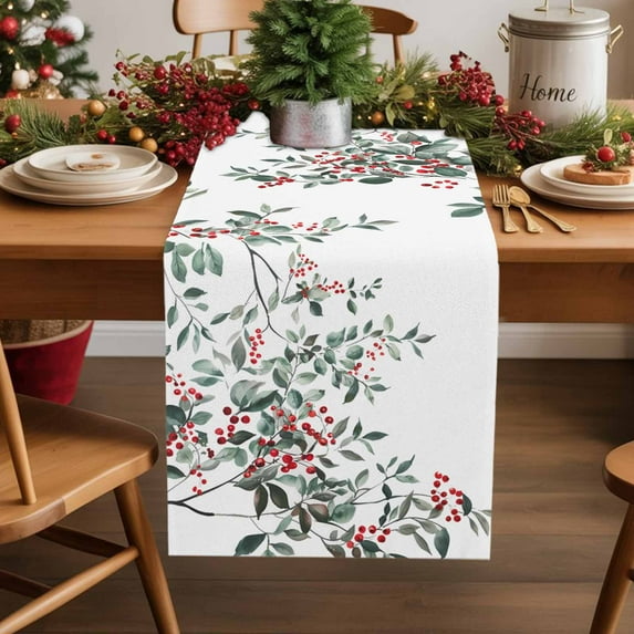 Burlap Table Runner 90 Inches Long,Watercolor Botanical Branch Leaves Red Berry Non-Slip Kitchen Table Runners for Dining Room Everyday Use Party Table Decorations Green Plant on White