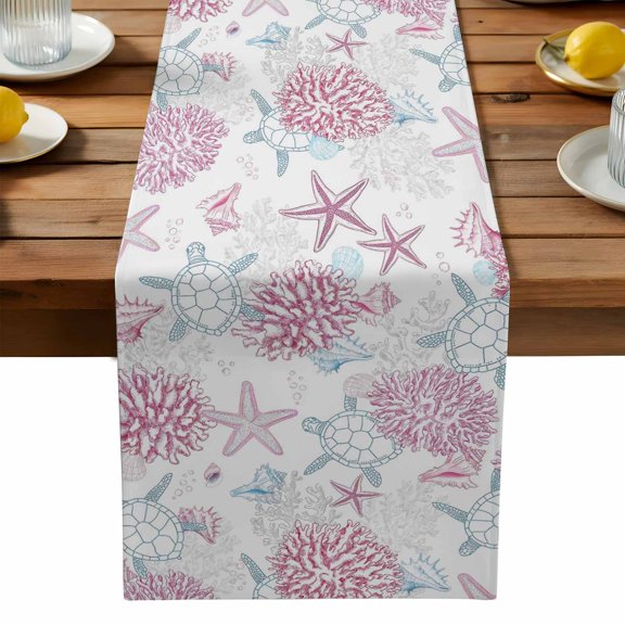 Burlap Table Runner 90 Inches Long,Watercolor Coral Starfish Turtle Non-Slip Kitchen Table Runners for Dining Room Everyday Use Party Table Decorations Ocean Creature Theme