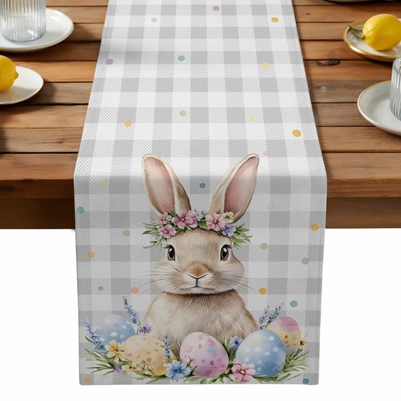 Burlap Table Runner 90 Inches Long,Watercolor Easter Bunny Eggs Non-Slip Kitchen Table Runners for Dining Room Everyday Use Party Table Decorations Floral on Gray Plaid