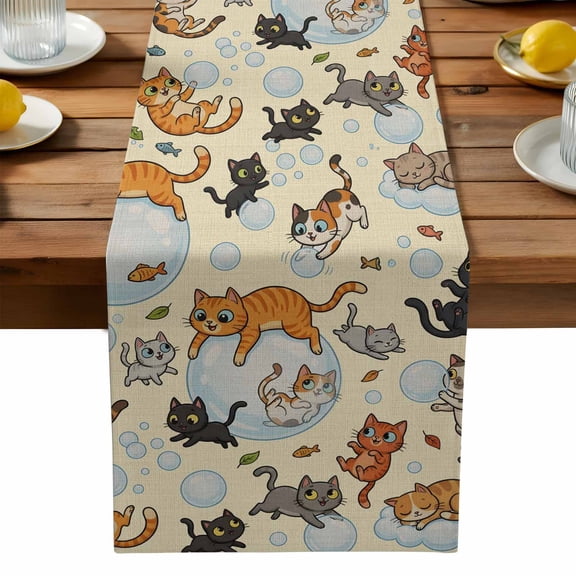Burlap Table Runner 90 Inches Long,Watercolor Pets Fish Bubbles Non-Slip Kitchen Table Runners for Dining Room Everyday Use Party Table Decorations Brown Background