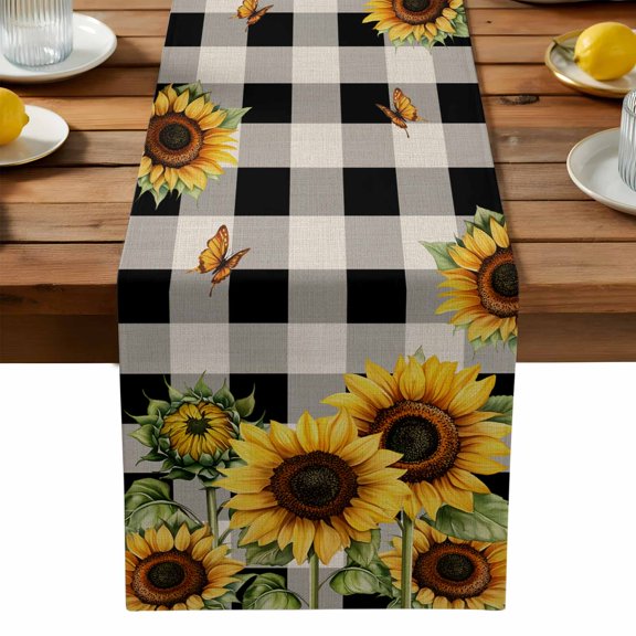 Burlap Table Runner 90 Inches Long, Watercolor Sunflower Butterfly Non-Slip Kitchen Table Runners for Dining Room Everyday Use Party Table Decorations Vintage Black White Plaid