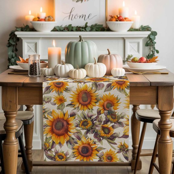 Burlap Table Runner 90 Inches Long,Watercolor Sunflower Leaves Plant Non-Slip Kitchen Table Runners for Dining Room Everyday Use Party Table Decorations Blossom Floral Retro Linen