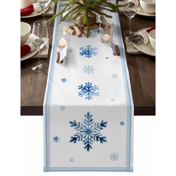 Burlap Table Runner 90 Inches Long,Watercolor Winter Blue Snowflakes Non-Slip Kitchen Table Runners for Dining Room Everyday Use Party Table Decorations Classic Geometric Striped