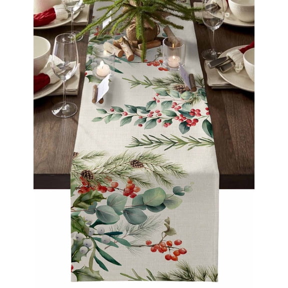 Burlap Table Runner 90 Inches Long,Winter Green Eucalyptus Leaf Non-Slip Kitchen Table Runners for Dining Room Everyday Use Party Table Decorations Retro Pine Cone Berry on Linen