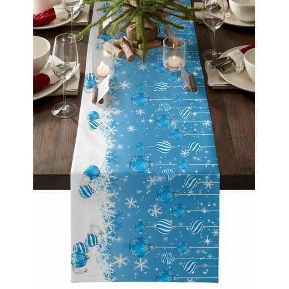 Burlap Table Runner 90 Inches Long,Winter Snowflake Non-Slip Kitchen Table Runners for Dining Room Everyday Use Party Table Decorations Christmas Ball Blue Theme