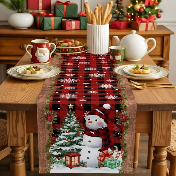 Burlap Table Runner 90 Inches Long,Winter Snowflake Snowman Non-Slip Kitchen Table Runners for Dining Room Everyday Use Party Table Decorations Red Black Plaid Vintage Wood