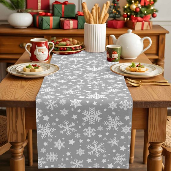 Burlap Table Runner 90 Inches Long,Winter Snowy Snowflakes Non-Slip Kitchen Table Runners for Dining Room Everyday Use Party Table Decorations Gray and White