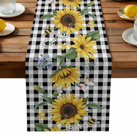 Burlap Table Runner 90 Inches Long,Yellow Sunflower Green Leaf Black Buffalo Plaid Non-Slip Kitchen Table Runners for Dining Room Everyday Use Party Table Decorations Farm Watercolor Plant