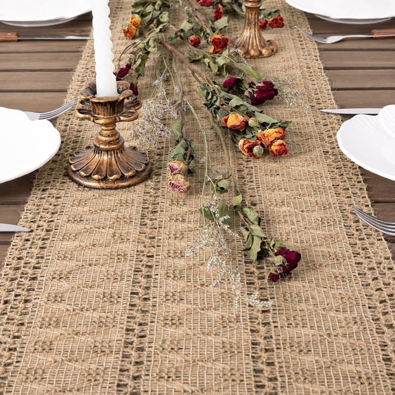 Burlap Table Runner Boho Rustic Macrame Spring Easter Jute Vintage Farmhouse Small Coffee Table Dresser Scarf for Dining Room Kitchen Home Decor Bridal Shower 72 inch