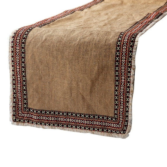 Burlap Table Runner, Burlap & Lurex Textured Fabric with Lace Beige Burlap & Cotton 14 x 90 inch long, Wedding Decor Table Linen Modern Table Runner - Mozambique