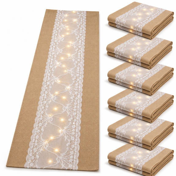 Burlap Table Runner Set with LED Lights, 12x70 Inches, Rustic Boho Party Decor