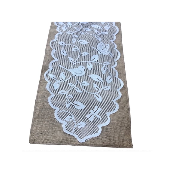 Burlap Fabrics Burlap Table Runner with Bird Lace - 14 x 96 Inch Handcrafted Made in USA