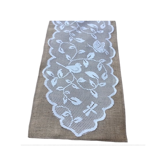 Burlap Fabrics Burlap Table Runner with Bird Lace - 14 x 96 Inch Handcrafted Made in USA