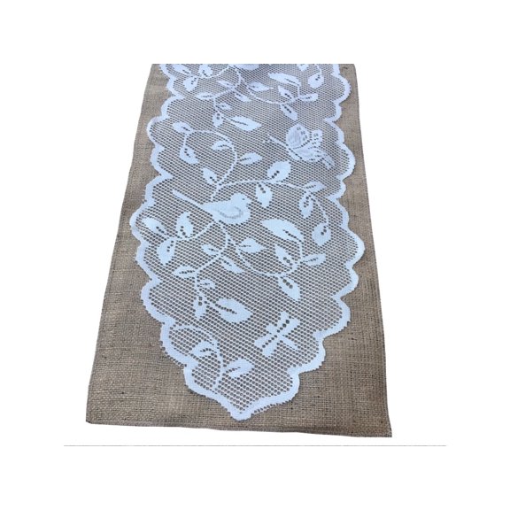 Burlap Fabrics Burlap Table Runner with Bird Lace - 14 x 96 Inch Handcrafted Made in USA