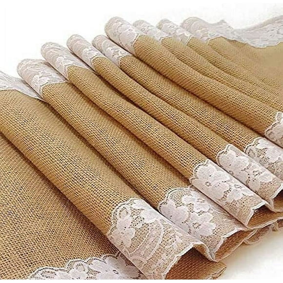 Burlap Table Runner by AAYU | 14 Inch x 72 inch Perfect Roll White Floral Lace Attached for Rustic Weddings and Events (White Lace on Both Sides)