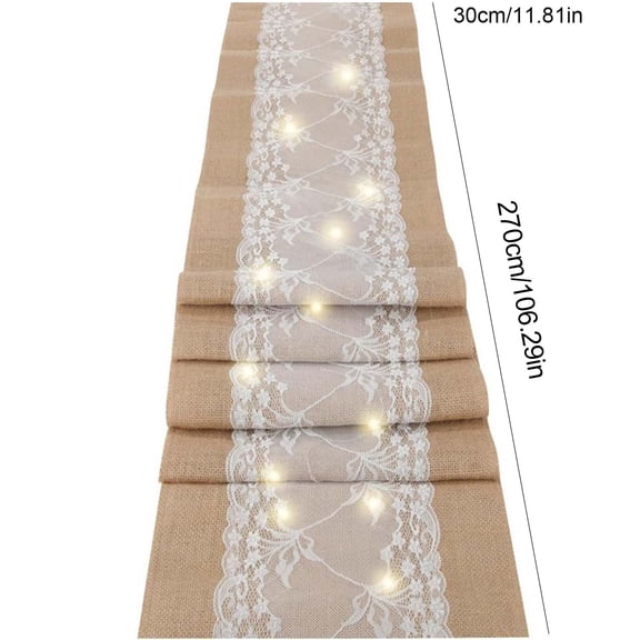 Burlap Table Runner with LED Lights, Lace Trim for Christmas, Thanksgiving Holiday Party Tabletop Decoration