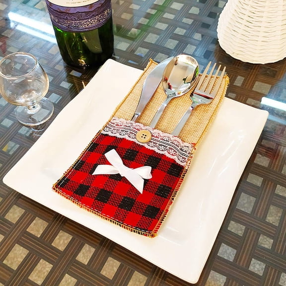 Burlap Utensil Cutlery Holder Pouch Bag with Lace Knife Fork Silverware Hold Bag Christmas Table Decoration for Party Bridal Shower