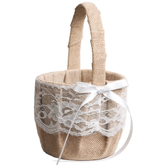 Burlap Wedding Flower Basket with Lace Trim, Rustic Floral Basket with Handle, Country Chic Ceremony Decor, Elegant Ring Pillow Alternative, 5.1 x 8.7 in / 13 x 22 cm, Burlap