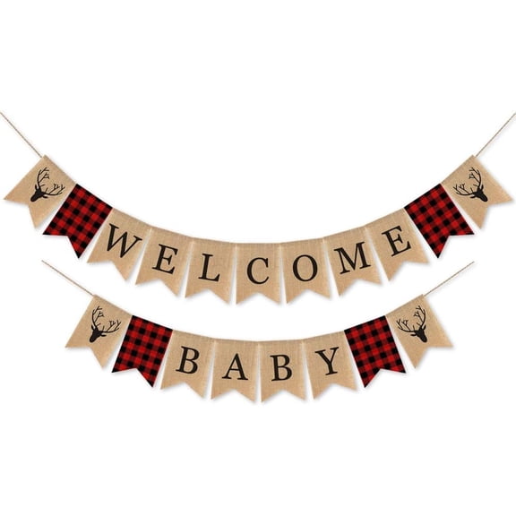 Burlap Welcome Baby Banner Lumberjack Timber Plaid Baby Shower Party Supplies Decoration