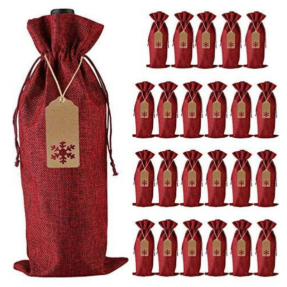 Burlap Wine Gift Bags, 24 Pcs Jute Drawstring Wine Bottle Covers with Ropes and Tags for Christmas, Wedding, Travel, Birthday, Holiday Party
