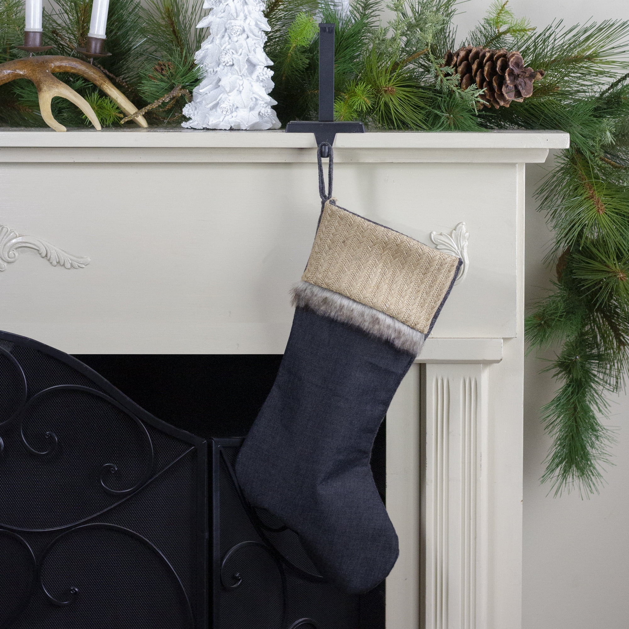 20" Blue and Beige Burlap Chambray Christmas Stocking with Faux Fur Trim