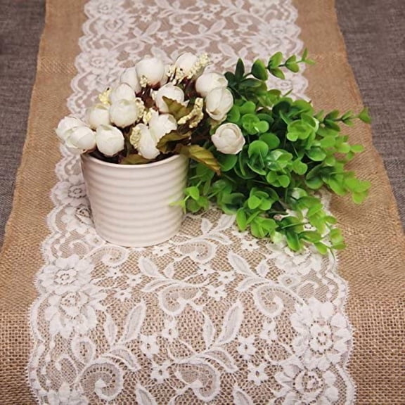 Burlap and Lace Table Runner for Rustic Wedding Decorations 12X42 Inch