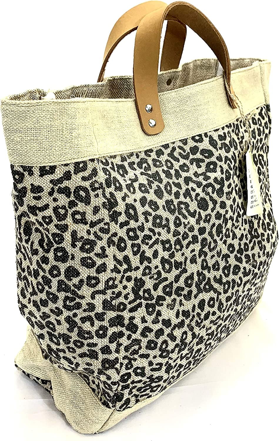 Burlap tote bag with leather handles sale