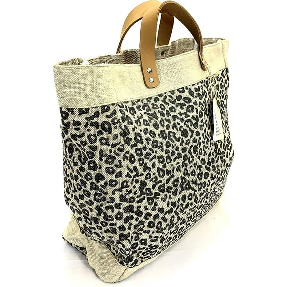Burlap tote Bag with Leather handle, Animal print Size : 14" X 11" X 6", Thick burlap canvas women hand bags