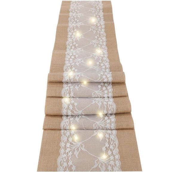 Burlaps Table Runner with Led Light String Lace Table Runner Tabletop Decoration Christmas Thanksgiving Party, 180X30Cm Khaki Cloth Runner