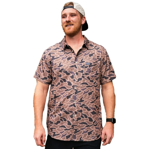 Burlebo Men's Performance Short Sleeve Button Up Shirt (Gauge Camo, Medium)