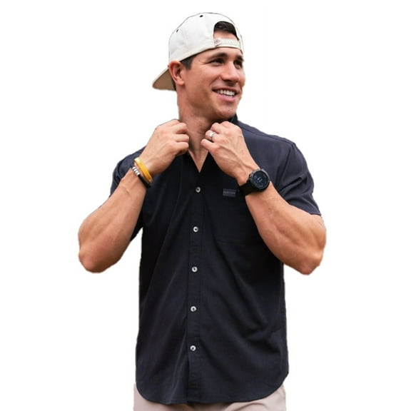 Burlebo Men's Performance Short Sleeve Button Up Shirt (Heather Black, Medium)